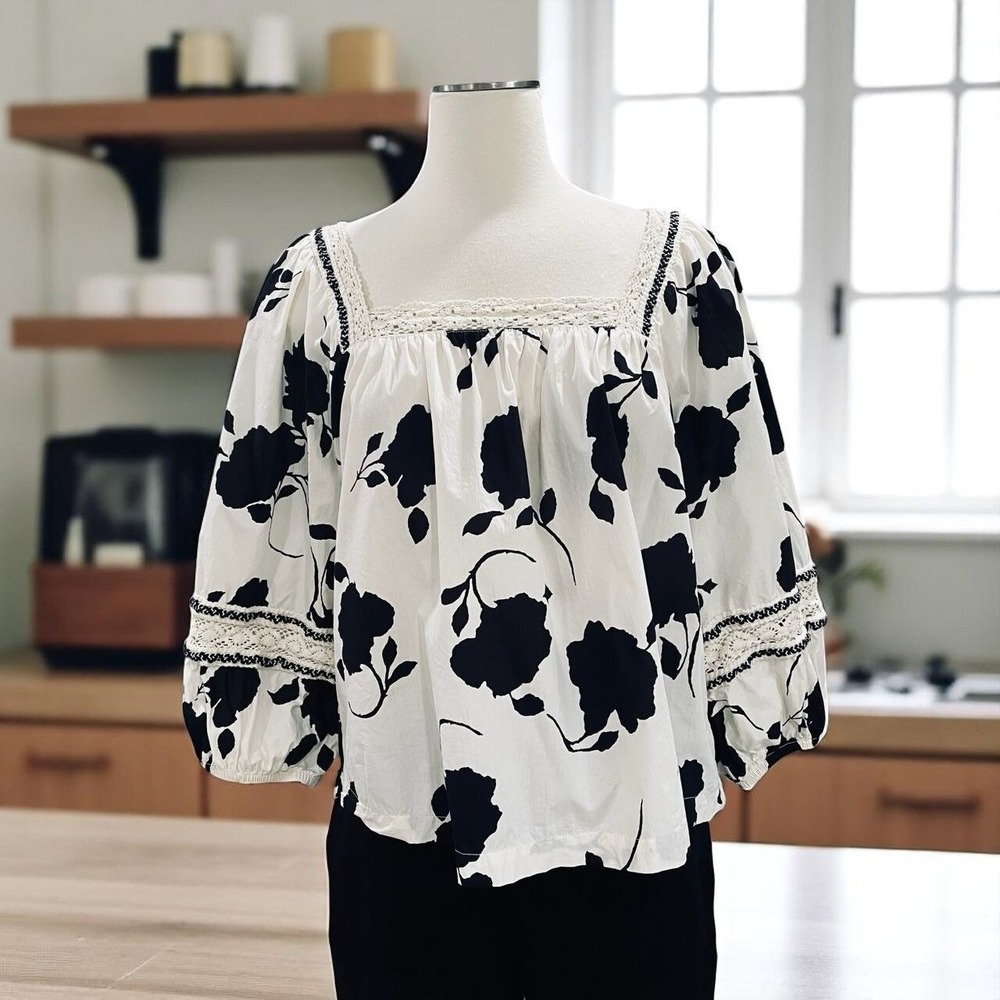 Maurices Cottagecore Puff Sleeve Floral‎ Blouse Square Neck Boho Cotton M